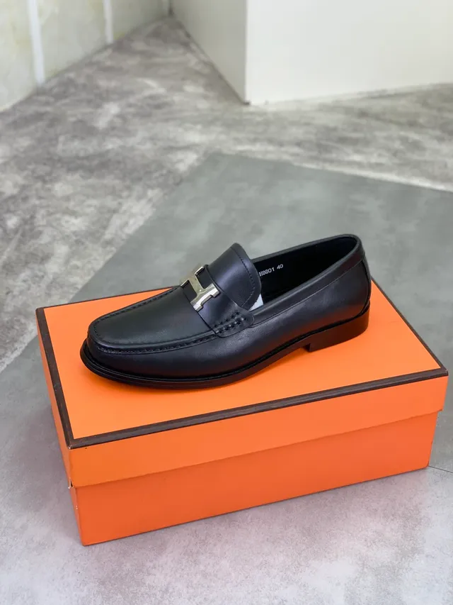 Hermès Oran Black Leather H-Buckle Loafers