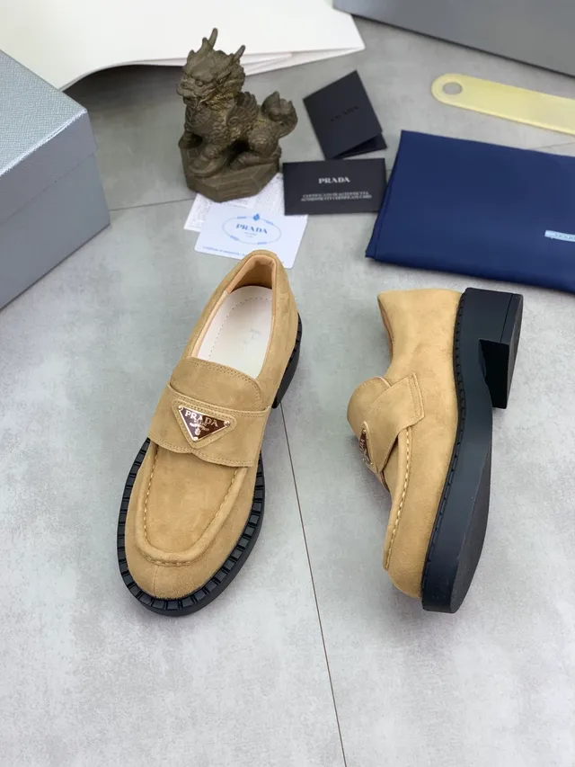Prada Loafer Beige Black Suede Upper Triangle Plaque Logo Loafer