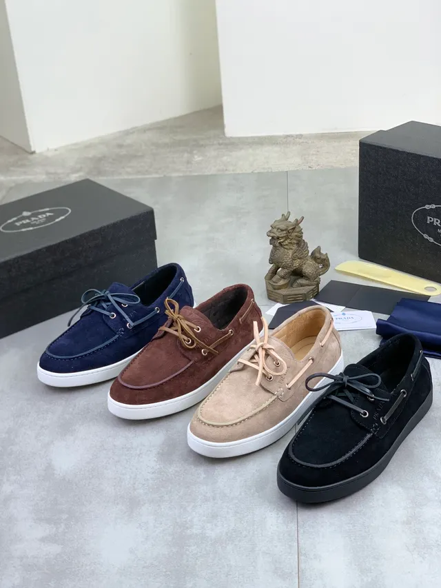 Prada Navy White Suede Moc-Toe Construction Boat Shoes