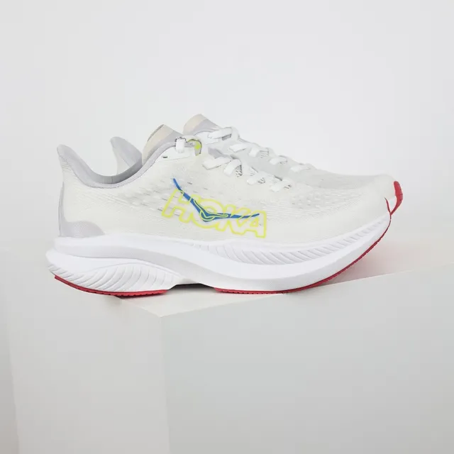 Hoka White Red Engineered Mesh Upper Rocker-Bottom Sole Running Shoes