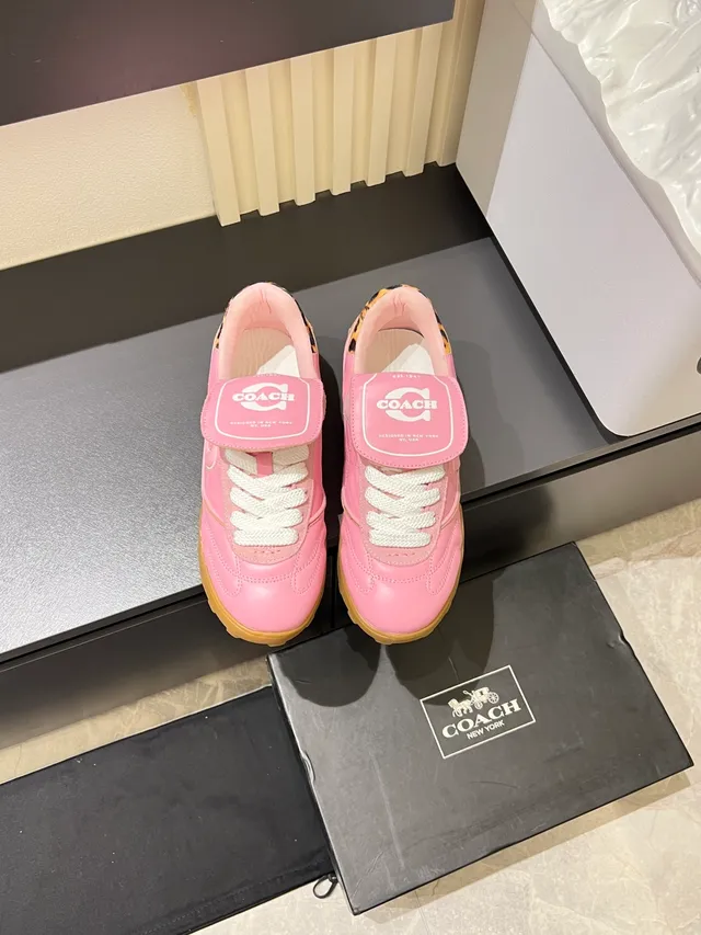 Coach Pink Brown Leather Upper Gum Rubber Sole Lifestyle Sneakers