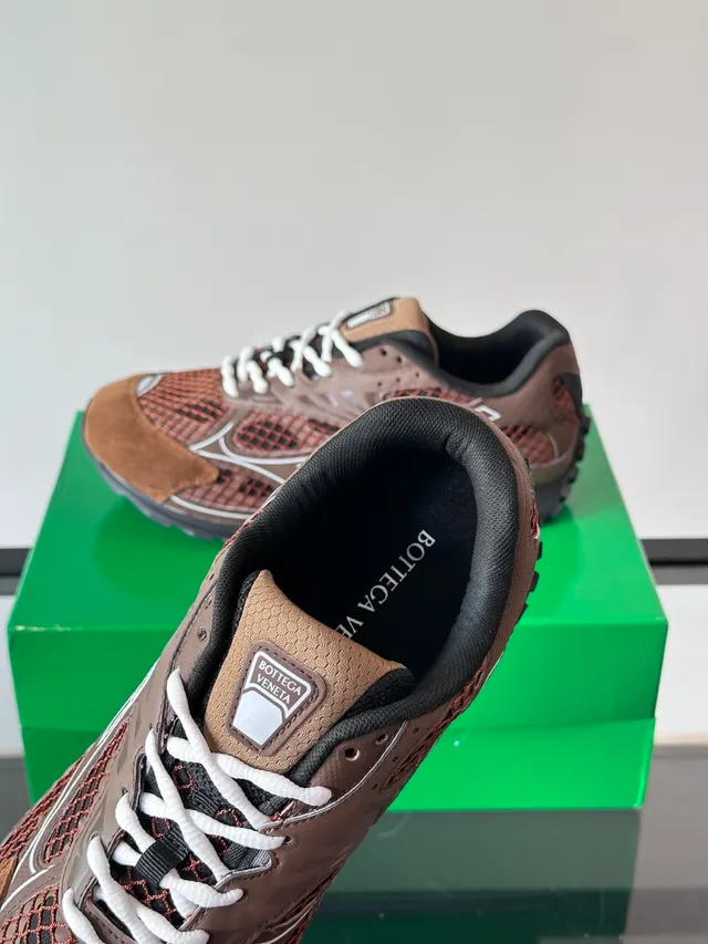 Bottega Veneta Andiamo Brown Black Mesh-Suede Hybrid Upper White Piping Detail Sneakers