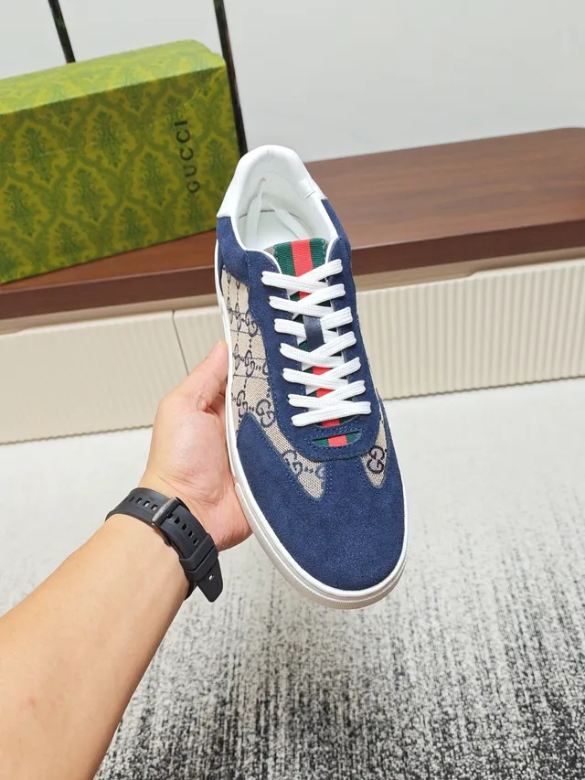 Gucci Screener Navy Suede and GG Canvas Lifestyle Sneakers