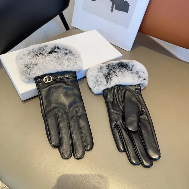 Black Gray Faux Fur Cuff Leather Gloves