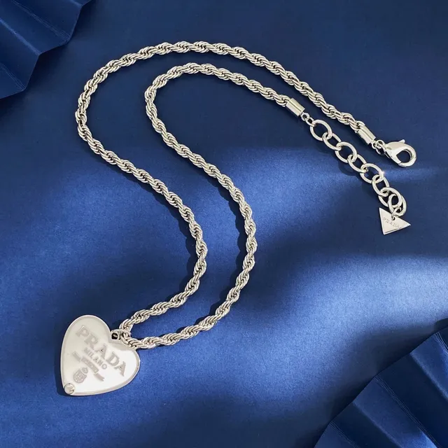 Prada Heart Pendant Necklace White and Black Enamel Rope Chain Necklaces