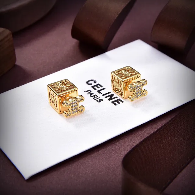 Celine Triomphe Gold Silver Cube-Shaped Engraved Logo Earrings
