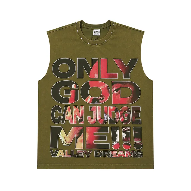 Army Green Black Sleeveless Graphic-Print Vest Top