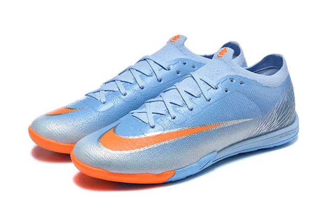 Nike MercurialX Blue Orange Low-Cut Knit Upper Metallic Silver Overlay Indoor Soccer Shoes