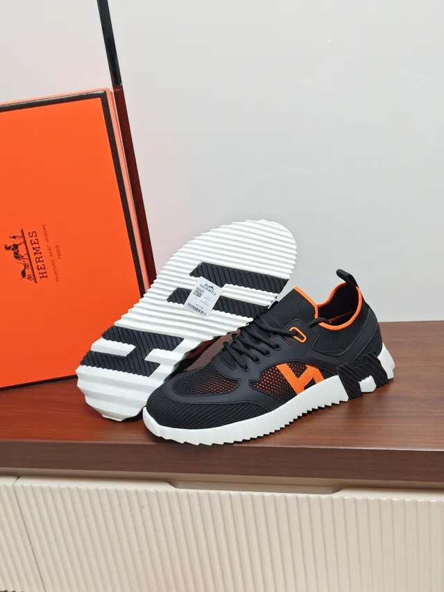 Hermès Black and Orange H Logo Knit Sneaker