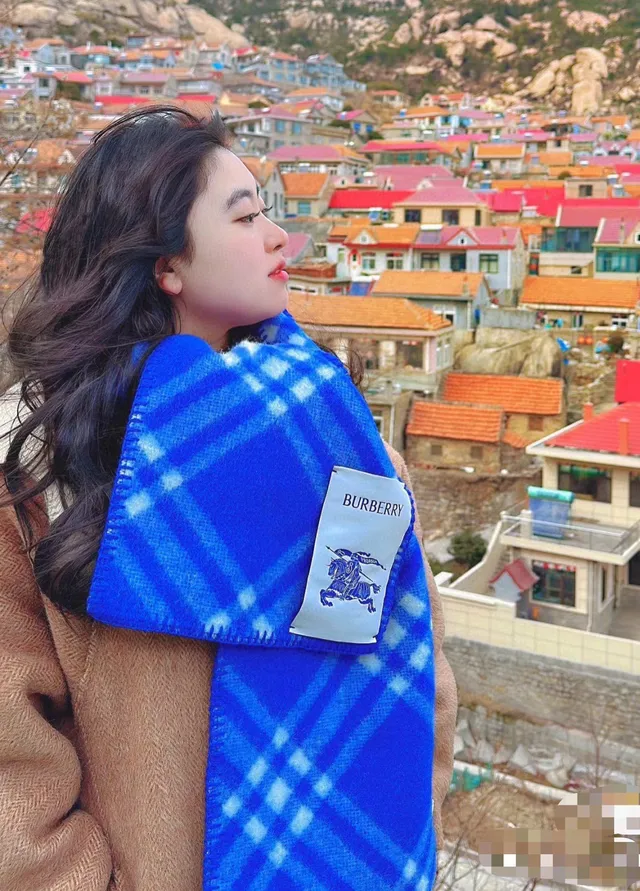 Burberry Blue and White Check Cashmere Scarf
