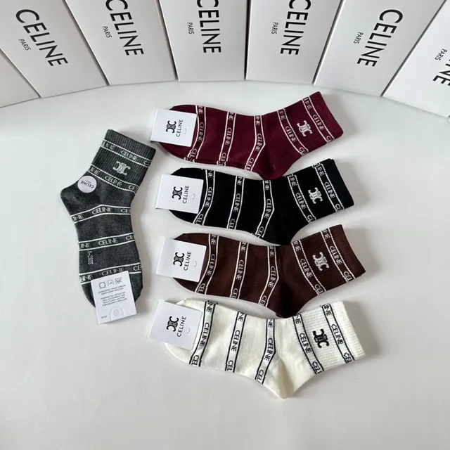 Celine Burgundy Black Logo-Band Cuff Ribbed Knit Socks