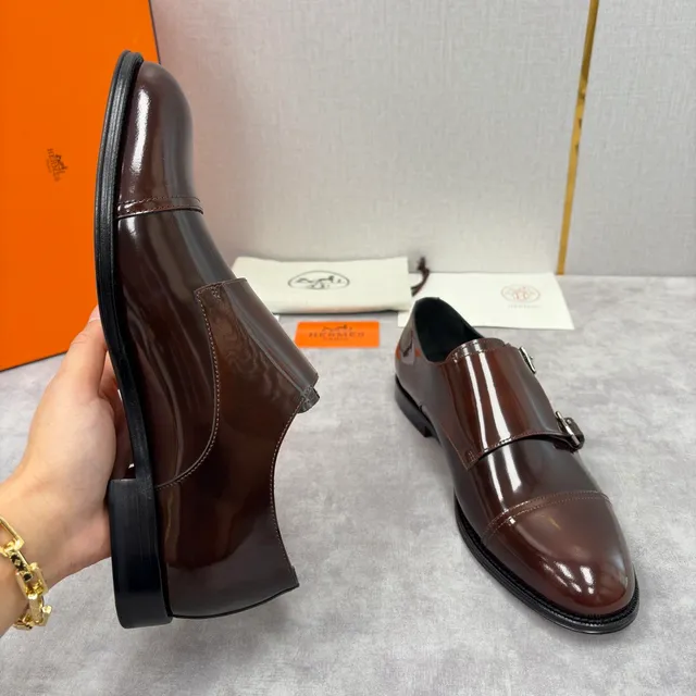 Hermès Double Monk Strap Brown Patent Leather Monk Shoes