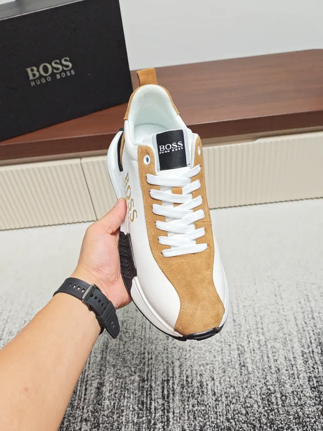 Hugo Boss White Brown Mixed-Material Upper Sculpted Midsole Sneakers