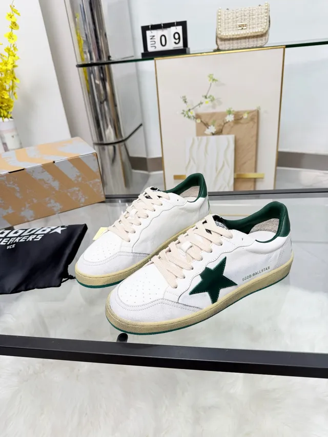 Golden Goose Ball Star White and Green Lifestyle Sneakers