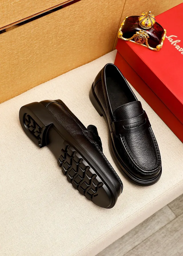 Salvatore Ferragamo Black Pebbled Leather Penny Loafers