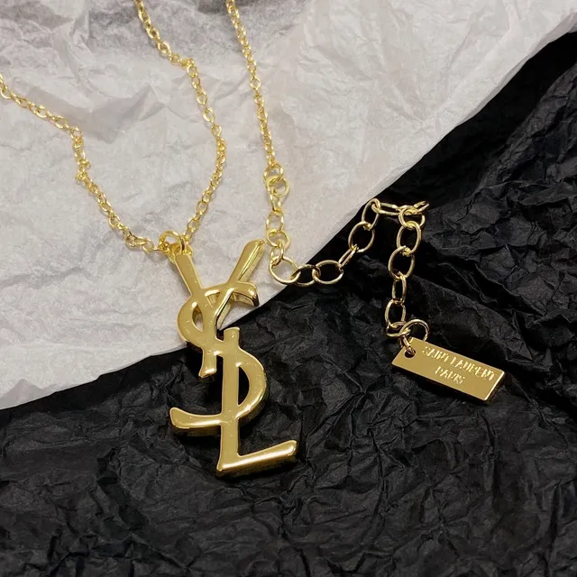 Saint Laurent YSL Monogram Gold-Tone Pendant Necklace