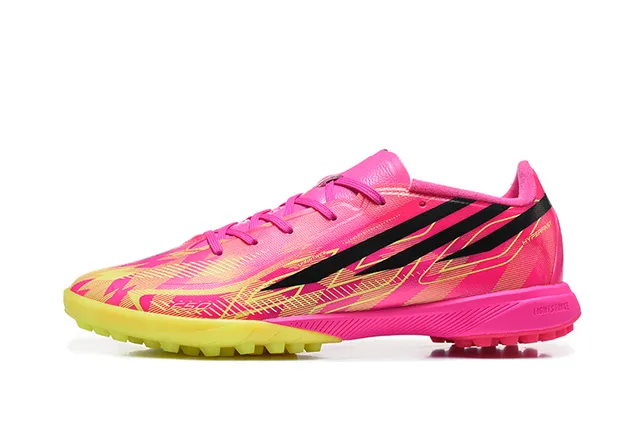 Adidas Pink Yellow Low-Profile Synthetic Upper Asymmetrical Lacing Artificial-Grass Soccer Shoes