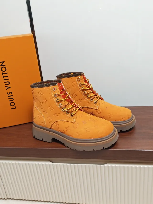 Louis Vuitton Orange Brown Monogram-Embossed Suede Lace-Up Combat-Style Work Boots