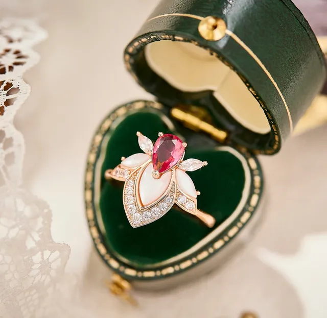 Floral Motif Pear-Cut Pink Gemstone Opal Petal Ring