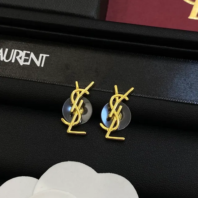 Saint Laurent Monogram Silver Gold Interlocking YSL Stud Style Earrings