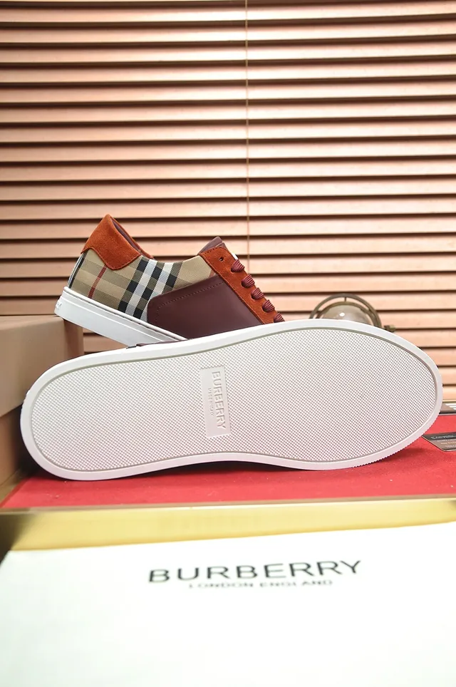 Burberry Burgundy Orange House Check Panel Color-Blocked Leather And Suede Lifestyle Sneakers