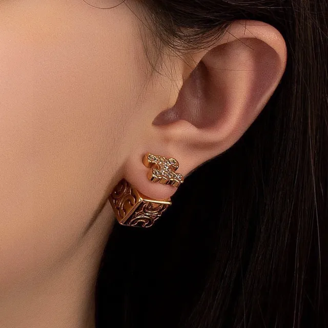 Celine Triomphe Gold Silver Cube-Shaped Engraved Logo Earrings