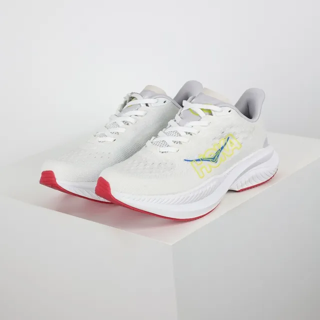 Hoka White Red Engineered Mesh Upper Rocker-Bottom Sole Running Shoes