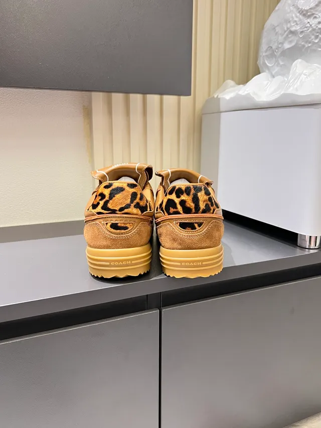 Coach Brown Beige Strap-Closure Leopard-Print Heel Sneakers