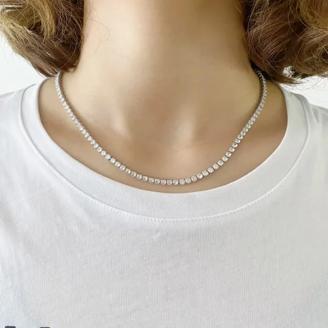Saint Laurent YSL Chain Silver White Pavé-Set Stone Monogram Clasp Necklace