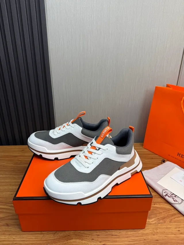Hermès White Gray Chunky Sole Mixed Leather-Mesh Upper Sneakers