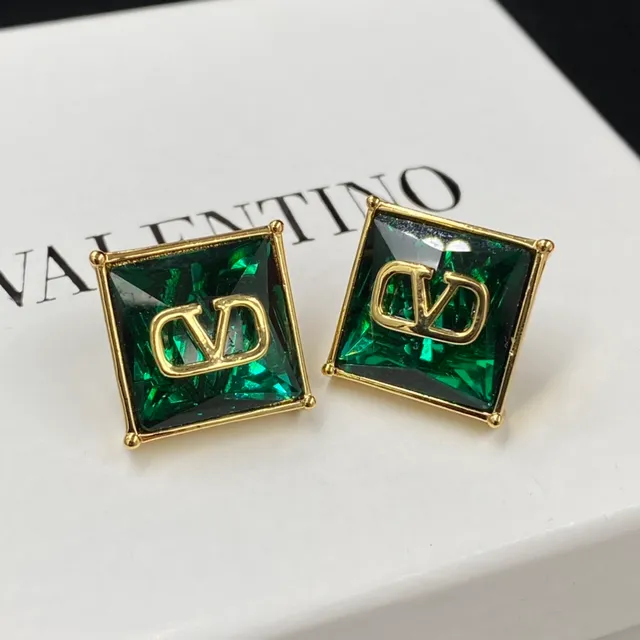 Valentino VLTN Red Gold Square-Cut Faceted Stones Logo Earrings