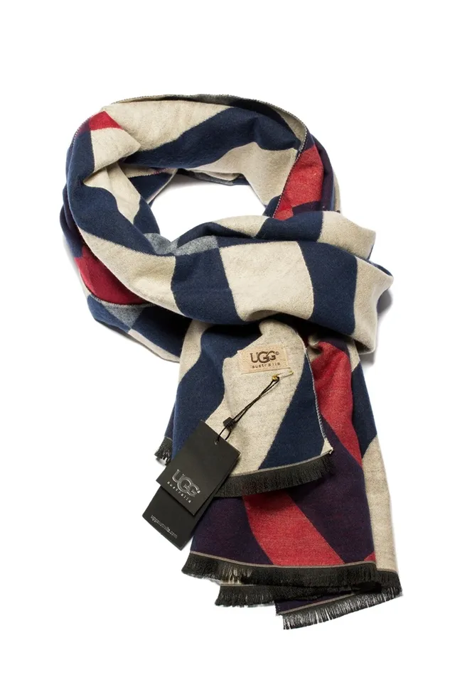 UGG Beige Navy Plaid Pattern Woven Texture Shawl