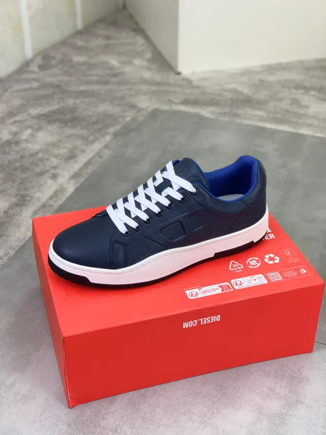 Diesel Navy White Leather Upper Contrast Laces Sneakers