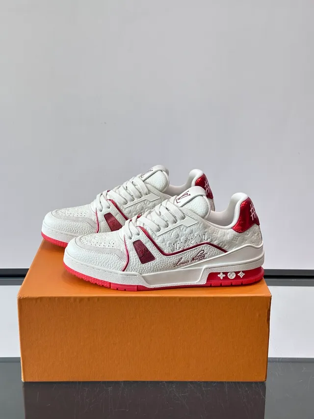 Louis Vuitton LV Trainer White Red Textured Grain Leather Perforated Detailing Lifestyle Sneakers