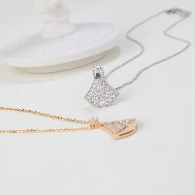 Silver Gold Fan-Shaped Pendant Pavé-Set Stones Necklace