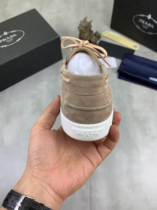 Prada Beige White Suede Upper Moc-Toe Stitching Boat Shoes