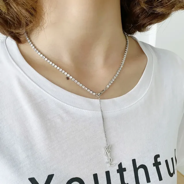 Saint Laurent YSL Chain Silver White Pavé-Set Stone Monogram Clasp Necklace
