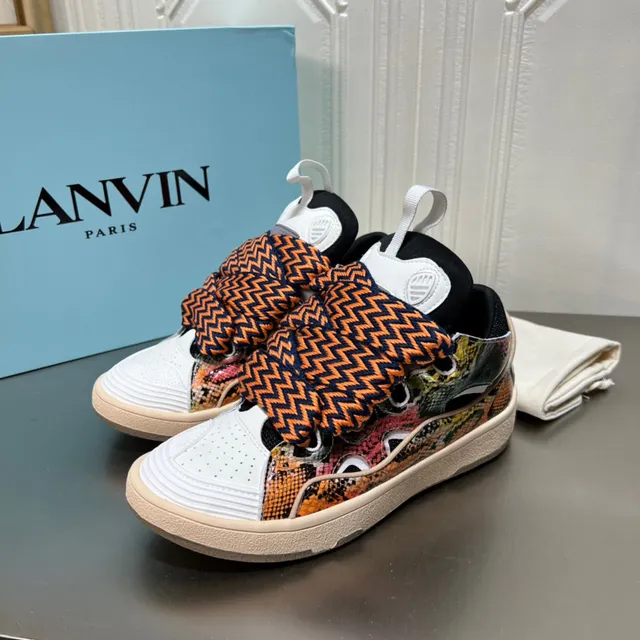 Lanvin Multicolor White Layered Mixed-Material Upper Snakeskin-Print Side Panels Sneakers