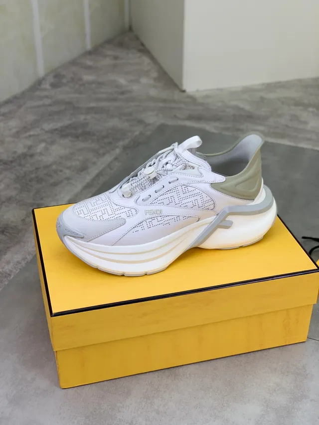 Fendi First White Gray Perforated Monogram Upper Layered Sole Chunky Sneakers