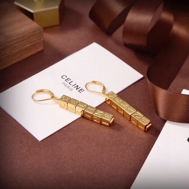 Celine Alphabet Cube Bead Gold Multicolor Lettering Lever-Back Hook Earrings
