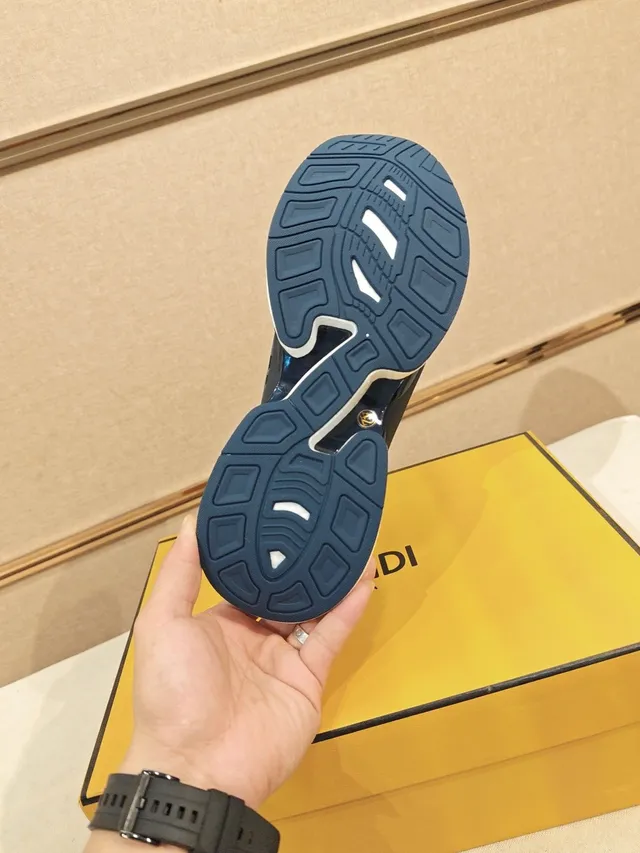 Fendi Black Navy FF Monogram Textile Layered Midsole Chunky Sneakers