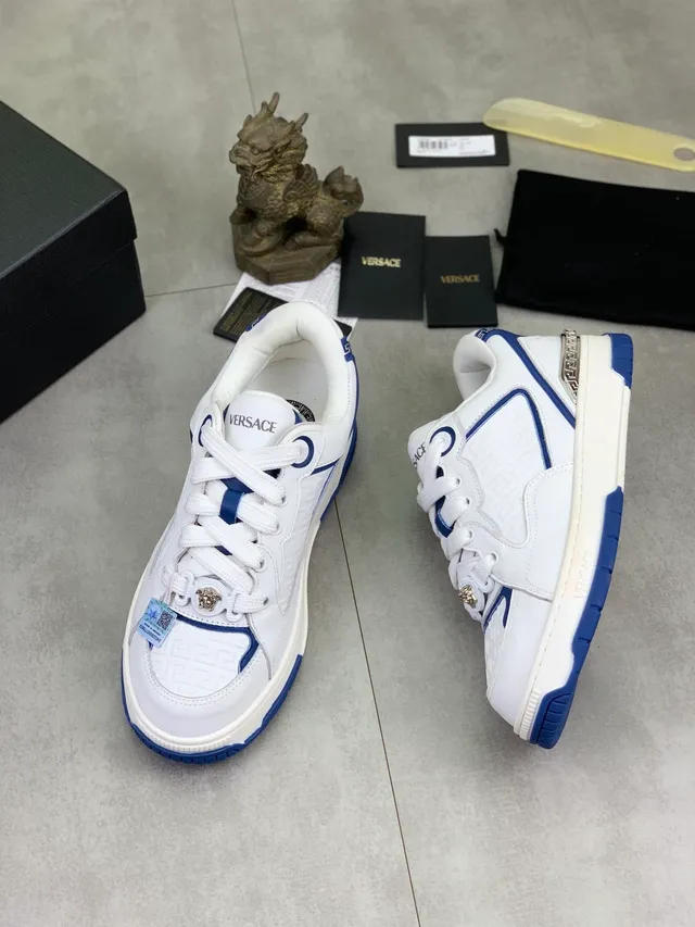Versace Odissea White and Blue Embossed Greca Lifestyle Sneakers