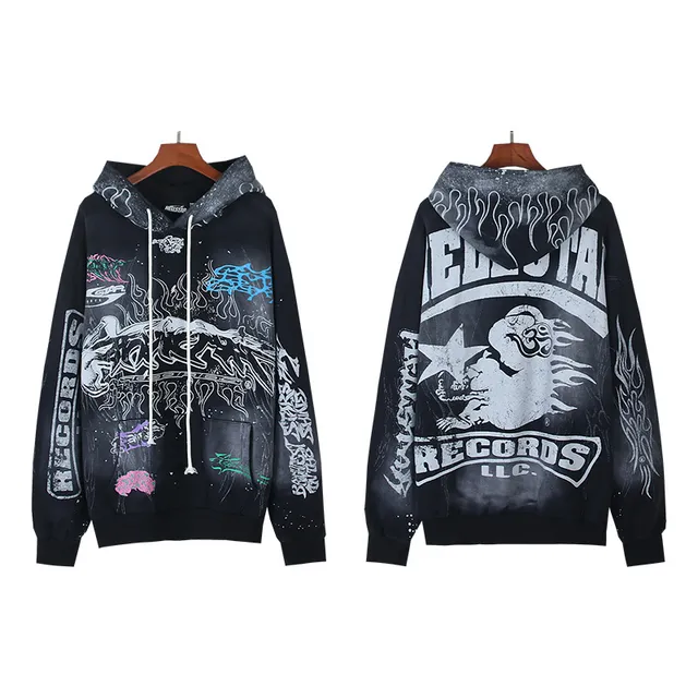 Hellstar Records LLC Graphic Print Distressed Flame Motif Hoodie