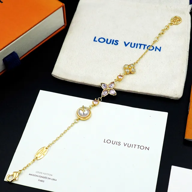 Louis Vuitton Gold-Tone Pearl and Pink Crystal Floral Charm Bracelet