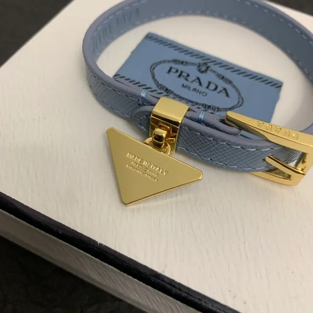 Prada Triangle Charm Blue Gold Thin Leather Strap Buckle Bracelet