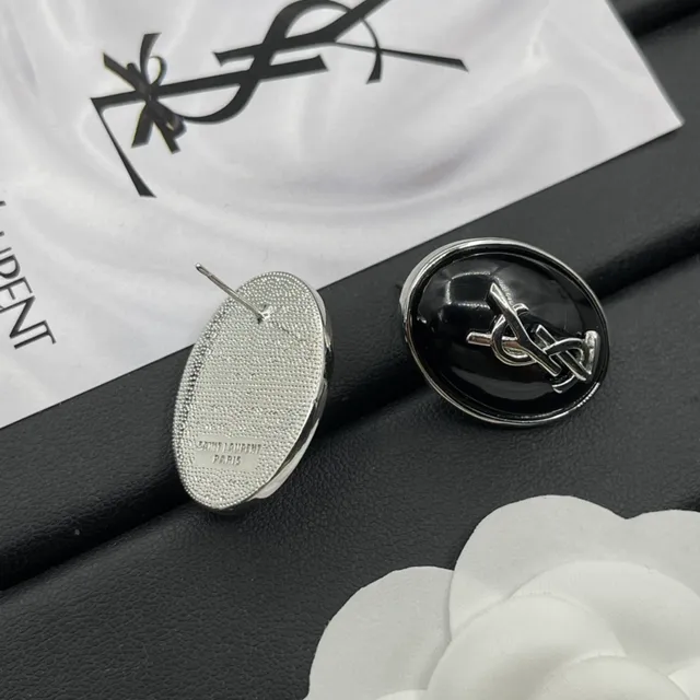Saint Laurent YSL Monogram Oval Black Enamel Earrings