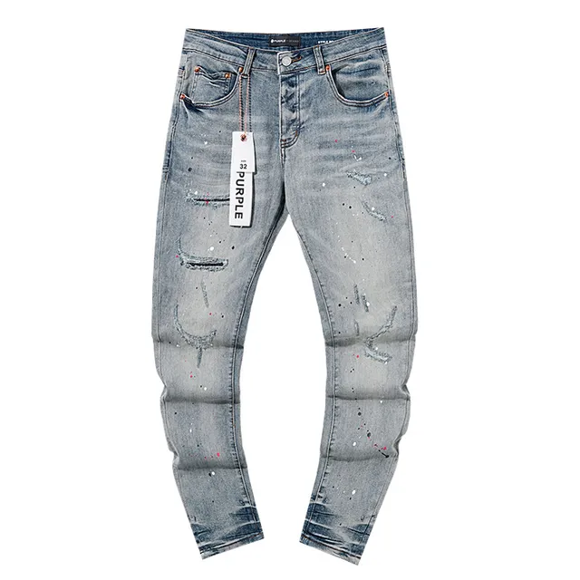 Purple Brand Distressed Paint-Splatter Light-Wash Slim-Fit Jeans