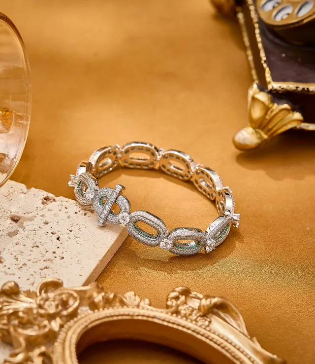 Silver-Tone Pavé and Emerald Green Linked Bracelet