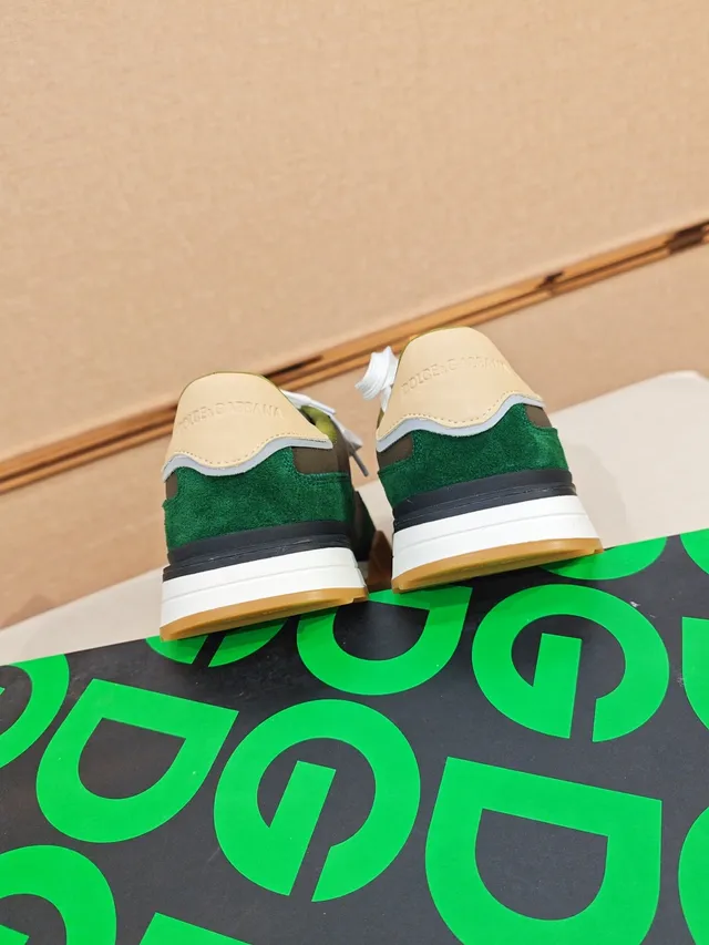 Dolce & Gabbana Green Beige Layered Suede And Mesh Upper Prominent DG Logo Patch Lifestyle Sneakers