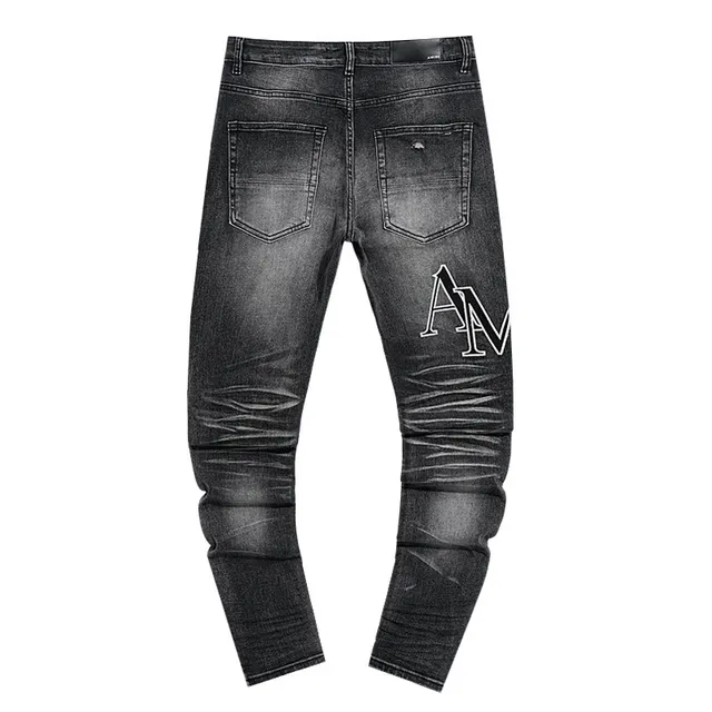Black White Distressed Denim Slim Tapered Fit Jeans
